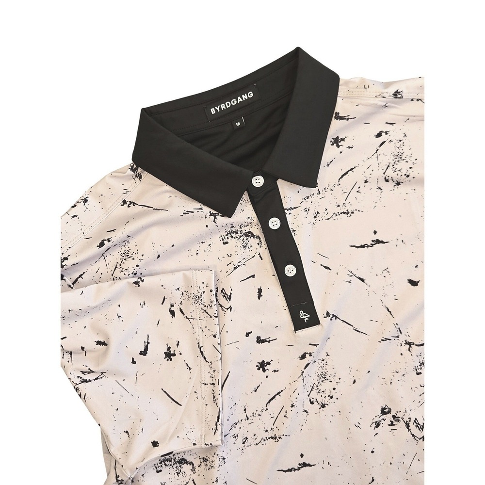Byrdgang Mens White Black Paint Splatter Golf Polo Shirt Flamingo Logo Size M